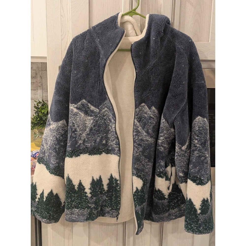 Vintage Country Woods Fleece Sherpa Full Zip Hoodie Winter Mountain Landscape XL